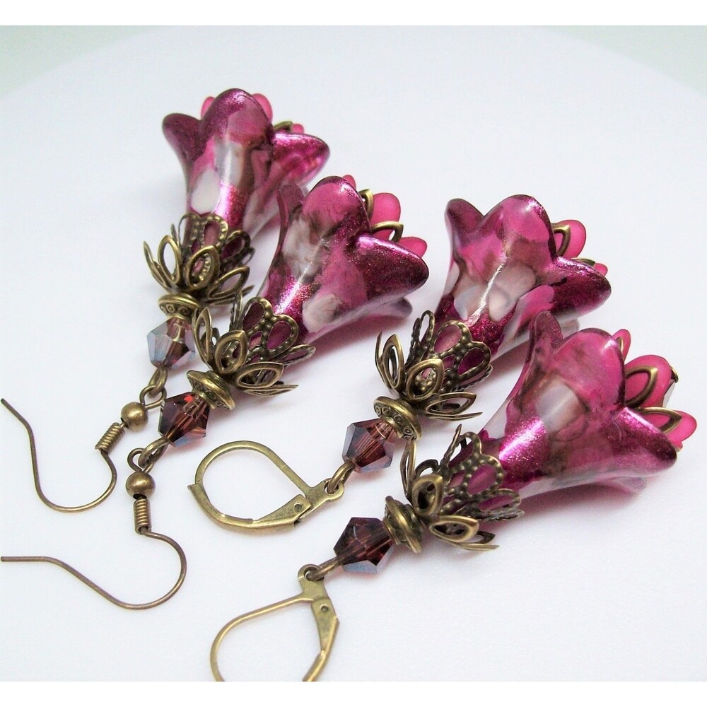 Floral Boho Dangle Earrings, Vintage Style, Bronze, Hand Painted, Artisan Crafte